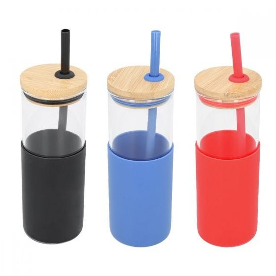 CILINDRO DE VIDRIO IBIZA CON TAPA DE MADERA Y POPOTE