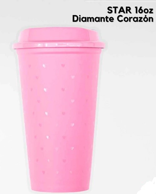 VASO STAR DIAMANTE CORAZON COLOR ROSA 16 ONZ
