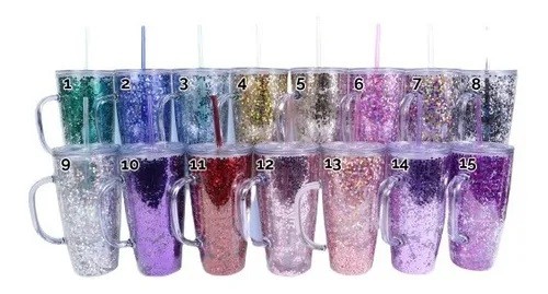 VASO DE ACRILICO GLITTER CON ASA DE 800 MLS