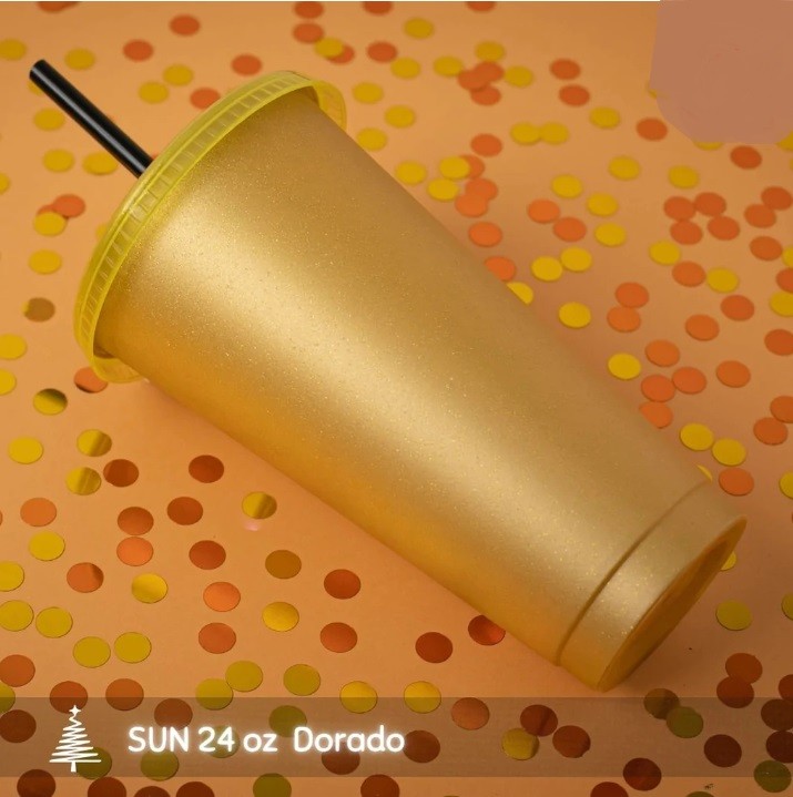 VASO SUN 24 ONZ DORADO NAVIDEÑO CON POPOTE